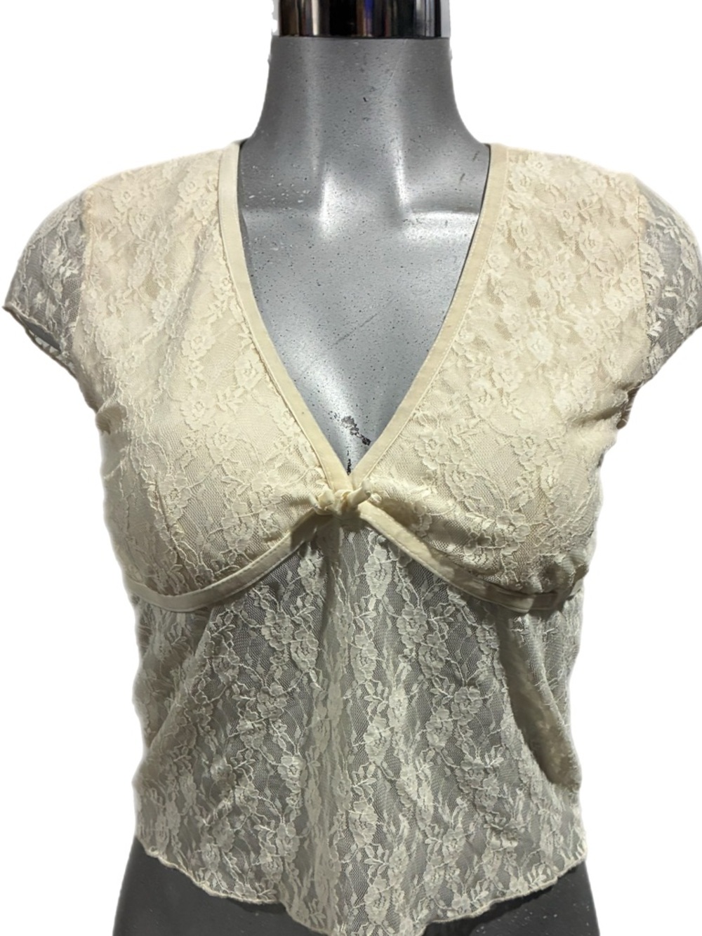 Y2K Just Polly Babydoll Ivory Top Floral Lace V-Neck Coquette Shabby-Chic Large
